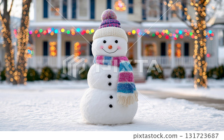 Christmas snowman stands cheerfully in front of a beautifully decorated house with twinkling lights during a serene winter evening 131723687