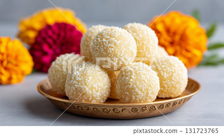 Festive ladoos made from condensed milk and rolled in coconut flakes are displayed on a traditional plate, surrounded by blooming marigold flowers Festive ladoos made from condensed milk and rolled in coconut flakes are displayed on a traditional plate, surrounded by blooming marigold flowers 131723765