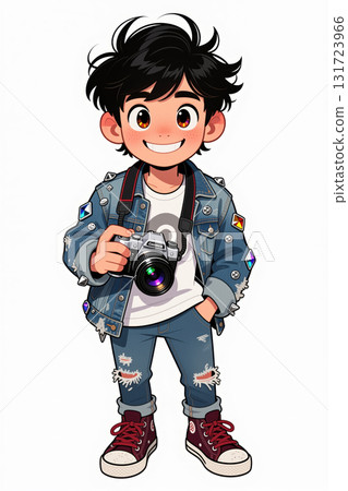 Cartoon boy holding camera and smiling. Cartoon boy holding camera and smiling. 131723966