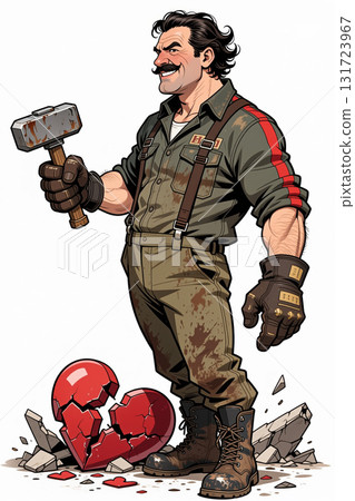 Man holding a hammer, standing over a broken red heart. Man holding a hammer, standing over a broken red heart. 131723967