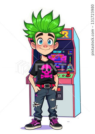 Cartoon boy with green hair standing by arcade machine. Cartoon boy with green hair standing by arcade machine. 131723980