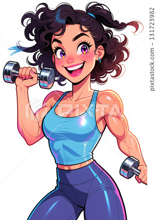 Cartoon woman lifting dumbbells with a big smile. 131723982
