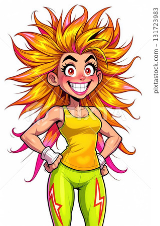 Cartoon woman with flowing hair and bright outfit. 131723983