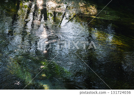 Azumino: A spring-fed river sparkling in the morning sunlight filtering through the trees Azumino: A spring-fed river sparkling in the morning sunlight filtering through the trees 131724036