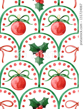 Christmas watercolor seamless pattern in retro style. Geometric scale tiles. 131724067