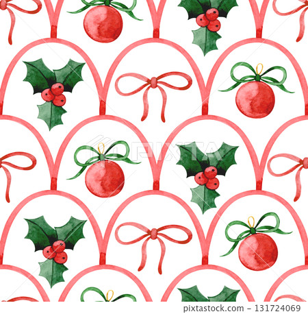 Christmas watercolor seamless pattern in retro style. Geometric scale tiles. Christmas watercolor seamless pattern in retro style. Geometric scale tiles. 131724069