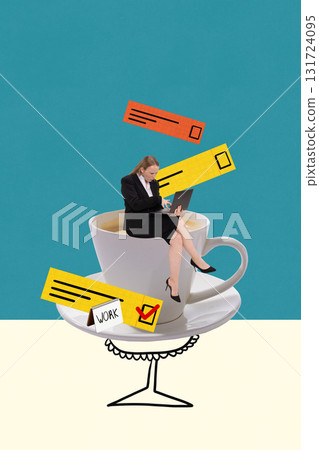 Colorful poster. Businesswoman sitting in coffee cup working on laptop surrounded by floating tasks 131724095