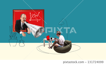 Composition of manager shouting through megaphone in digital frame at employee working from beanbag 131724099