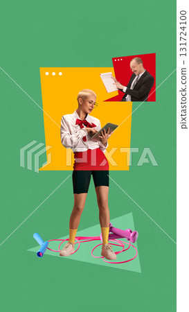 Creative digital poster. Woman in sporty outfit using tablet with manager communicating through chat window 131724100