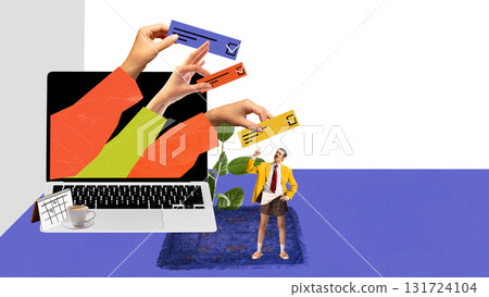 Colorful collage. Giant laptop with colorful hands giving checkboxes to tiny businessman in yellow jacket 131724104