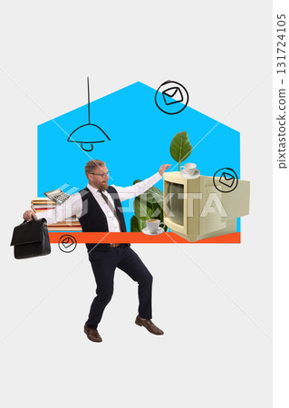 Bright collage. Businessman balancing between work emails and vintage computer with cup of coffee Bright collage. Businessman balancing between work emails and vintage computer with cup of coffee 131724105