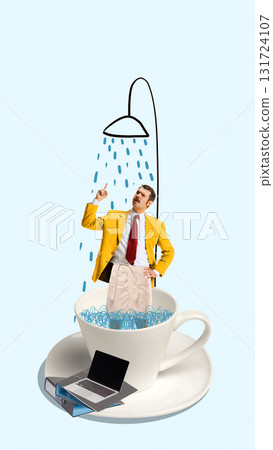 Man in yellow jacket standing under shower drawn above giant coffee cup. Creative corporate composition 131724107