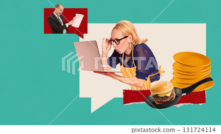 Collage of woman in apron surprised at laptop during video call with colleague in speech bubble Collage of woman in apron surprised at laptop during video call with colleague in speech bubble 131724114