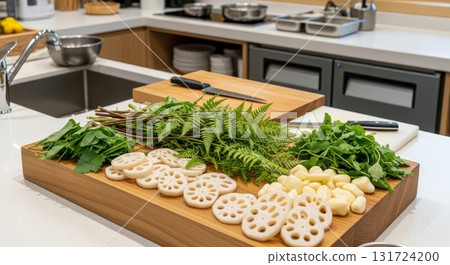 Fresh foraged spring vegetables with lotus root slices and fern fiddleheads arranged on wooden cutting board in modern kitchen Fresh foraged spring vegetables with lotus root slices and fern fiddleheads arranged on wooden cutting board in modern kitchen 131724200