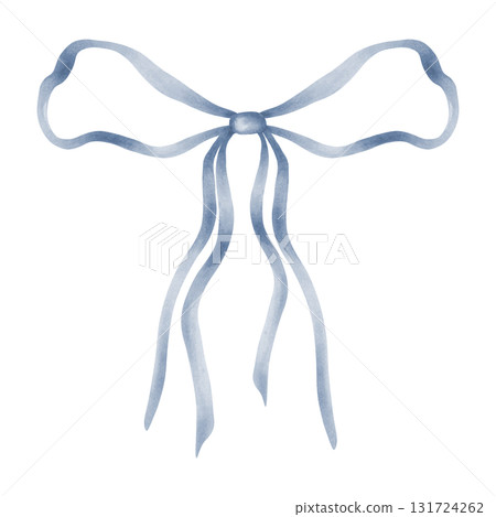 Blue bow with long ribbons. Watercolor, marker illustration. Hand drawn isolated art. Ribbon tied in a loose loop for decorating holidays, bouquets, and birthdays. Gift knot. Blue bow with long ribbons. Watercolor, marker illustration. Hand drawn isolated art. Ribbon tied in a loose loop for decorating holidays, bouquets, and birthdays. Gift knot. 131724262