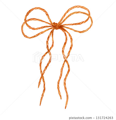Brown jute cord bow. Watercolor and marker illustration. Gift knot. Hand drawn isolated art. Ribbon tied in a loose loop for holiday decorations, wedding bouquets and birthdays. Brown jute cord bow. Watercolor and marker illustration. Gift knot. Hand drawn isolated art. Ribbon tied in a loose loop for holiday decorations, wedding bouquets and birthdays. 131724263