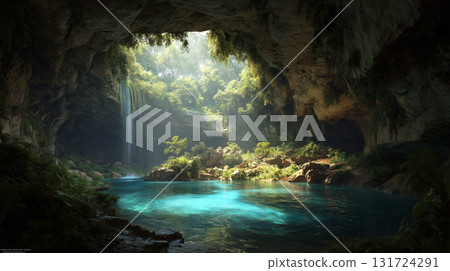 Beautiful underground cave with waterfall 131724291