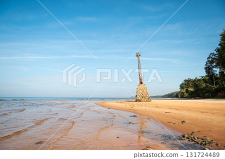 abandoned ruins of Kurmrags Lighthouse on the shore of the Rigas Gulf, Baltic sea, Latvia 131724489