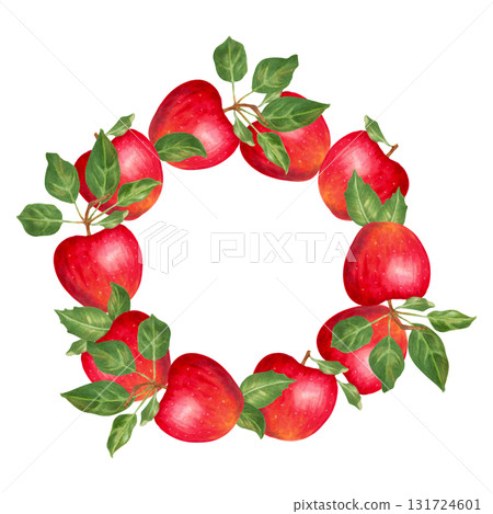 Watercolor illustration of a circular wreath of red apples and green leaves. Frame with space for text. Hand drawn isolated art. Art for seasonal designs, product packaging and autumn themes. 131724601