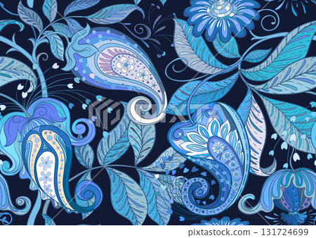 Fantasy flowers in retro, vintage, jacobean embroidery style. 131724699