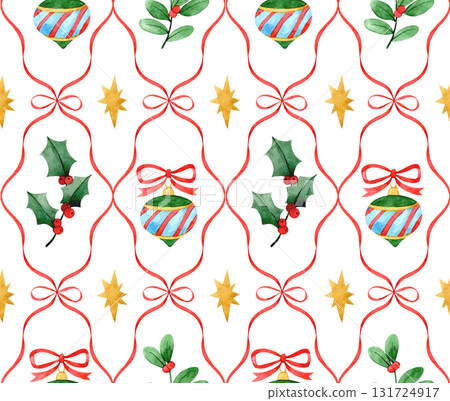 Retro style Christmas pattern with ribbons, Christmas plants, and toys. Watercolor print 131724917