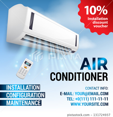Air Conditioning Repair Flyer with Realistic detailed isometric air conditioning blowing cold air in the room. Installation discount voucher 131724937