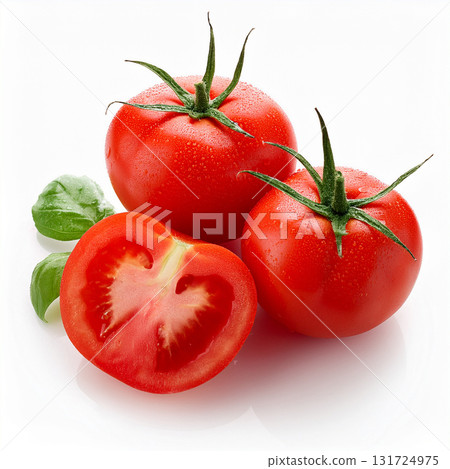 Still life of fresh red tomatoes and basil 131724975