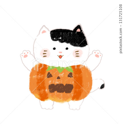 Illustration of a cat dressed up for Halloween - Crayon-drawn, Spotted Illustration of a cat dressed up for Halloween - Crayon-drawn, Spotted 131725108