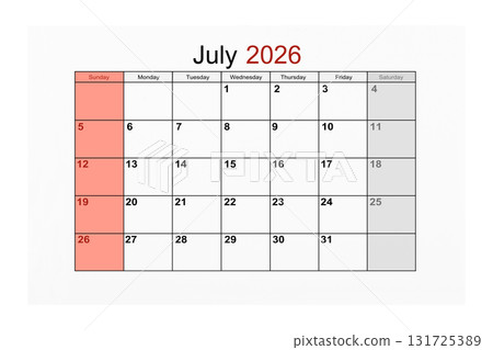 July 2026 Calendar page for 2026 year isolated on white background, Save clipping path. July 2026 Calendar page for 2026 year isolated on white background, Save clipping path. 131725389
