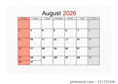 August 2026 Calendar page for 2026 year isolated on white background, Save clipping path. 131725390