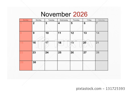 November 2026 Calendar page for 2026 year isolated on white background, Save clipping path. 131725393
