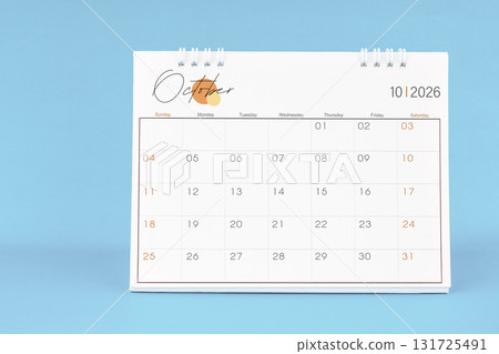 October 2026, Monthly desk calendar for 2026 year on Blue color background. 131725491