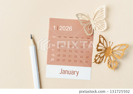 January 2026 calendar card for the organizer to plan and reminder and butterfly paper on yellow. 131725502