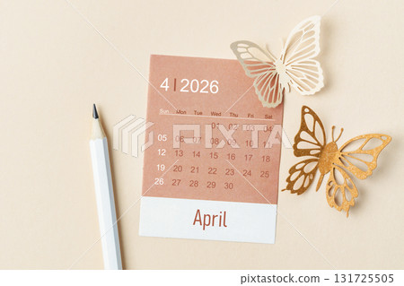 April 2026 calendar card for the organizer to plan and reminder and butterfly paper on yellow. 131725505