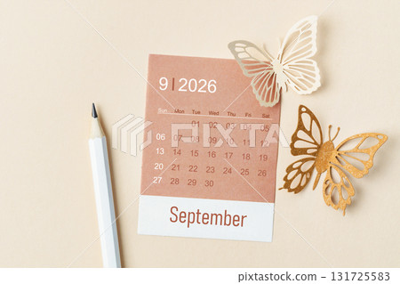 September 2026 calendar card for the organizer to plan and reminder and butterfly paper on yellow. 131725583
