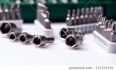Interchangeable screwdriver bit set, isolated on white, selective focus, dof, closeup Interchangeable screwdriver bit set, isolated on white, selective focus, dof, closeup 131725720