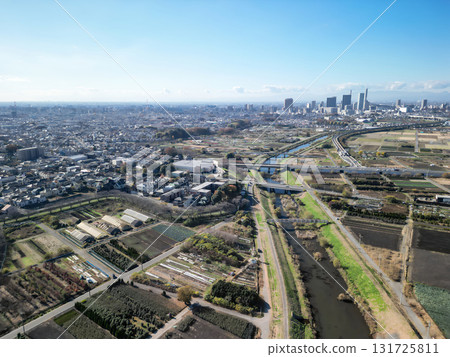 Aerial view of the Minuma rice fields in autumn in Saitama Prefecture, Saitama City Aerial view of the Minuma rice fields in autumn in Saitama Prefecture, Saitama City 131725811