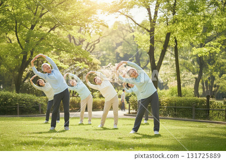 A group of seniors stretching in the park. People exercising healthily in the morning light 131725889