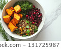 Flat lay of Thanksgiving meal with healthy dishes: roasted sweet potatoes, quinoa stuffing, kale salad, cranberries, wellness-focused, minimalistic marble background, bright window light --ar 3:2 --v 131725987