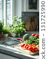Horizontal view of kitchen counter with smart tablet and fresh veggies, eye-level angle, morning natural light, modern kitchen, horizontal orientation, 4k, high detail. --ar 2:3 --v 6.1 Job ID 131725990