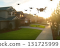 Horizontal aerial shot of multiple delivery drones flying over suburban homes, soft afternoon light, natural green lawns setting, horizontal orientation, 4k, high detail. --ar 3:2 --v 6.1 Job ID 131725999