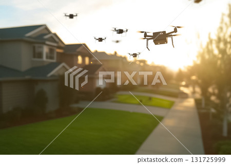 Horizontal aerial shot of multiple delivery drones flying over suburban homes, soft afternoon light, natural green lawns setting, horizontal orientation, 4k, high detail. --ar 3:2 --v 6.1 Job ID Horizontal aerial shot of multiple delivery drones flying over suburban homes, soft afternoon light, natural green lawns setting, horizontal orientation, 4k, high detail. --ar 3:2 --v 6.1 Job ID 131725999
