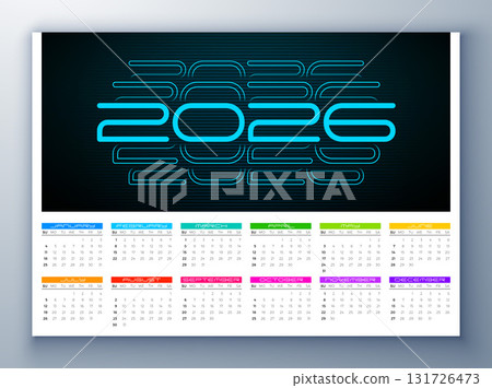 2026 Printable Calendar Design Template with Number Symbol and Whole Annual Monthly Typography on White Background for New Year. Horizontal Schedule Planner Illustration for Wall Poster, Card Calendar 131726473
