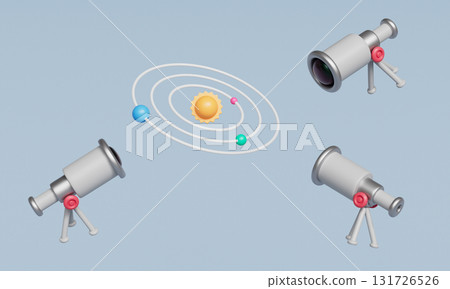 Astronomy Telescope and Solar System. 3D Rendering. Astronomy Telescope and Solar System. 3D Rendering. 131726526