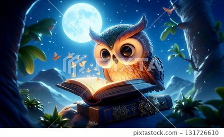A magical owl reading an ancient floating book under the moonlight 131726610