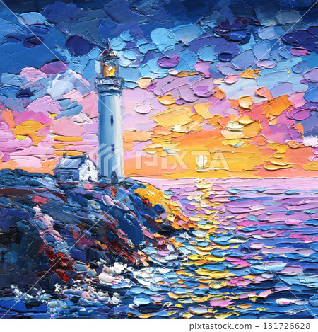 Sunset Lighthouse Seascape. Vibrant Oil Impasto Painting, Textured Coastal Landscape Wall Art Sunset Lighthouse Seascape. Vibrant Oil Impasto Painting, Textured Coastal Landscape Wall Art 131726628