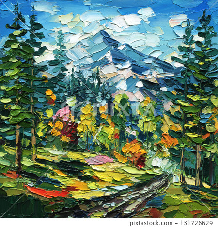 Mountain Forest Landscape. Original Oil Impasto Painting, Textured Palette Knife Artwork, Colorful Nature Scene Mountain Forest Landscape. Original Oil Impasto Painting, Textured Palette Knife Artwork, Colorful Nature Scene 131726629