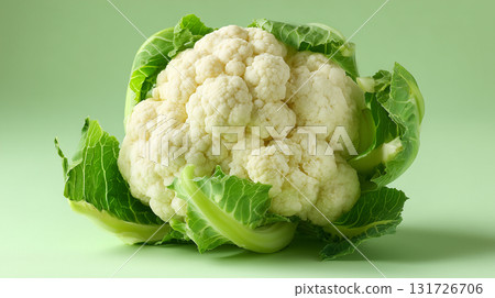 Fresh cauliflower with green leaves on a light background Fresh cauliflower with green leaves on a light background 131726706