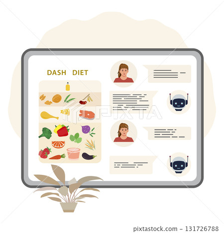 Dash diet diagram on screen with chat messages and robot icons, including woman illustrations Dash diet diagram on screen with chat messages and robot icons, including woman illustrations 131726788