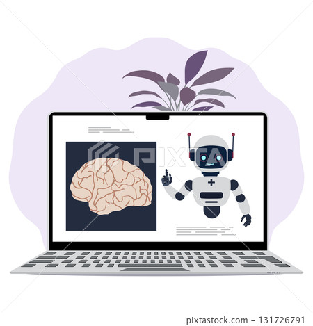 Robot and brain illustration on open laptop screen with abstract purple leaves in background 131726791